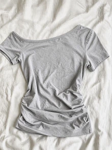 SuriyaCove 女款 T-shirt，不對稱肩短袖修身款，優雅 Y2K 休閒風，適合日常穿著、度假、假日、約會，夏季上衣，灰色水鑽 - 彩色 - 查看 5