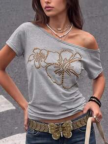 SuriyaCove 女款 T-shirt，不對稱肩短袖修身款，優雅 Y2K 休閒風，適合日常穿著、度假、假日、約會，夏季上衣，灰色水鑽 - 彩色 - 查看 3