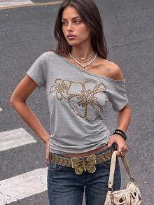 SuriyaCove 女款 T-shirt，不對稱肩短袖修身款，優雅 Y2K 休閒風，適合日常穿著、度假、假日、約會，夏季上衣，灰色水鑽 - 彩色 - 查看 2