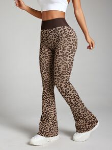 Easithlete Easithlete Women's Leopard Print High Waist Daily Fitness Flare Leggings - Coffee Brown - View 5