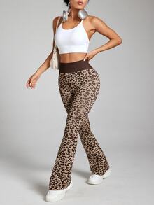 Easithlete Easithlete Women's Leopard Print High Waist Daily Fitness Flare Leggings - Coffee Brown - View 2