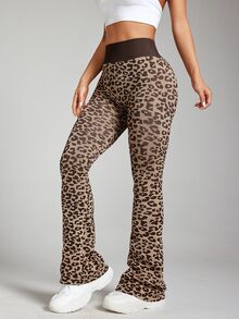 Easithlete Easithlete Women's Leopard Print High Waist Daily Fitness Flare Leggings - Coffee Brown - View 6