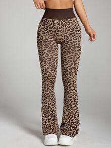 Easithlete Easithlete Women's Leopard Print High Waist Daily Fitness Flare Leggings - Coffee Brown - View 4