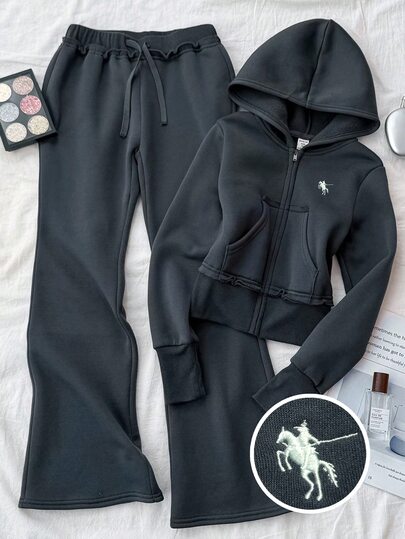 Girlism Kids Teen Girl Hoodie Sweatshirt Co-Ords Autumn/Winter Thermal Lined Small Logo Embroidered Gray Black Zip-Up Sweatpants Casual Baggy Streetwear Set