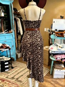 NostaNoir Women's Fashion All-Over Leopard Print Asymmetric V-Neck Spaghetti Strap Dress - Brown - View 4