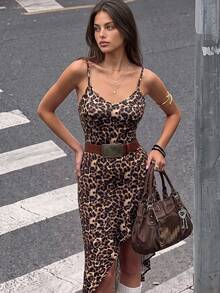 NostaNoir Women's Fashion All-Over Leopard Print Asymmetric V-Neck Spaghetti Strap Dress - Brown - View 2