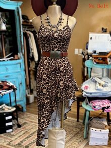 NostaNoir Women's Fashion All-Over Leopard Print Asymmetric V-Neck Spaghetti Strap Dress - Brown - View 5