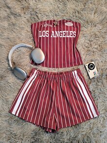 IslaSuriya This Women's Red Summer Y2K-Style Athletic Set Features A Striped Bandeau Top And Shorts, Emblazoned With "Los Angeles" Lettering. It Is Perfect For Outings, Sporting Events, Summer Beach Vacations, And Everyday Wear. - Multicolor - View 6