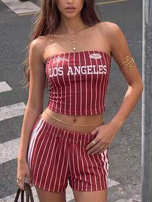 IslaSuriya This Women's Red Summer Y2K-Style Athletic Set Features A Striped Bandeau Top And Shorts, Emblazoned With "Los Angeles" Lettering. It Is Perfect For Outings, Sporting Events, Summer Beach Vacations, And Everyday Wear. - Multicolor - View 3