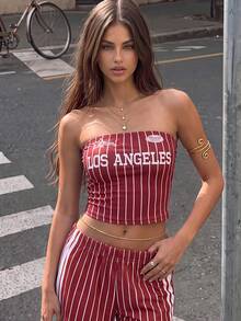 IslaSuriya This Women's Red Summer Y2K-Style Athletic Set Features A Striped Bandeau Top And Shorts, Emblazoned With "Los Angeles" Lettering. It Is Perfect For Outings, Sporting Events, Summer Beach Vacations, And Everyday Wear. - Multicolor - View 2