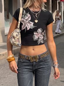 SuriyaCove Y2K 女款花卉斜向拼接設計短版上衣，圓領短袖 T-shirt，適合日常、度假與休閒穿著 - 彩色 - 查看 1