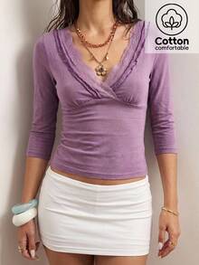 Bohemela Kaos Wanita Polos Warna Kontras Renda Leher V Potongan Slim Fit - Purple - View 1