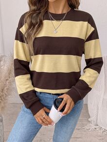 SHEIN LUNE Women's Round Neck Striped Colorblock Sweatshirt, Suitable For Autumn/Winter - White - View 3