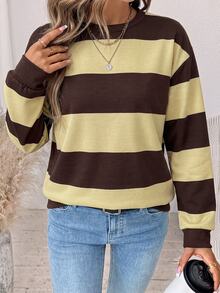 SHEIN LUNE Women's Round Neck Striped Colorblock Sweatshirt, Suitable For Autumn/Winter - White - View 4