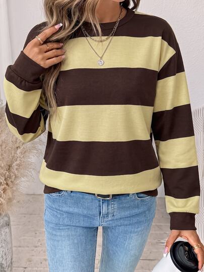 SHEIN LUNE Hanorac damă cu guler rotund, dungat, colorblock, potrivit pentru toamnă/iarnă