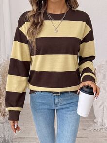 SHEIN LUNE Women's Round Neck Striped Colorblock Sweatshirt, Suitable For Autumn/Winter - White - View 2