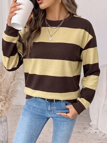 SHEIN LUNE Women's Round Neck Striped Colorblock Sweatshirt, Suitable For Autumn/Winter - White - View 5