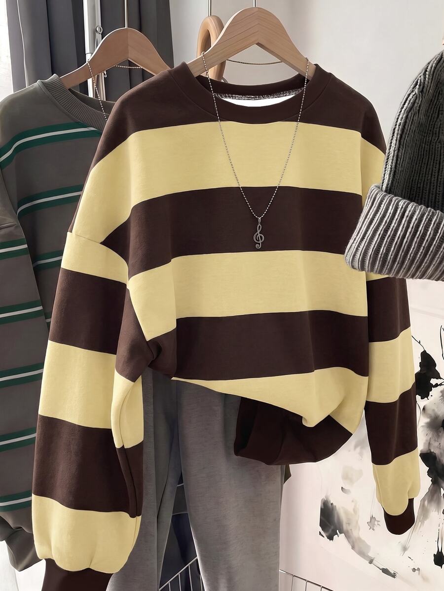 SHEIN LUNE Women's Round Neck Striped Colorblock Sweatshirt, Suitable For Autumn/Winter - White - View 1