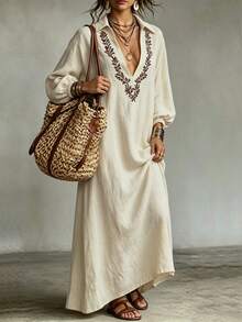 Glimmora Women's Long Casual Dress For Autumn - Apricot - View 4