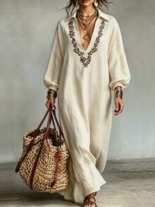 Glimmora Women's Long Casual Dress For Autumn - Apricot - View 1