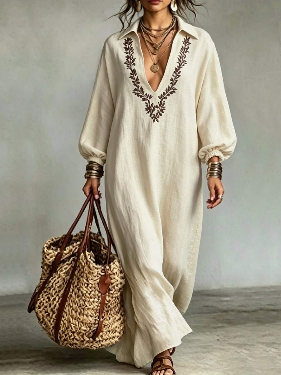 Glimmora Women's Long Casual Dress For Autumn - Apricot - View 1
