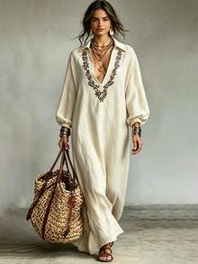 Glimmora Women's Long Casual Dress For Autumn - Apricot - View 3