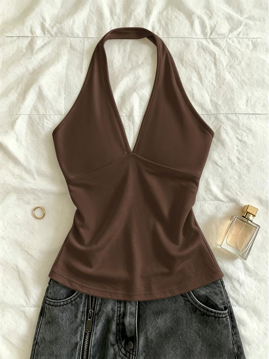 Trelyra Women's Solid Color Minimalist Versatile Halter Top For Daily Wear, Dating And Vacation - Brown - View 1
