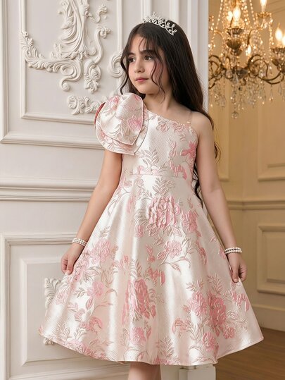 SHEIN Beige,Summer,Elegant,Wedding Tween Girls Floral Brocade Bow Decor Asymmetric Shoulder Dress,Flower Girl Princess Style Birthday Party Knee-Length