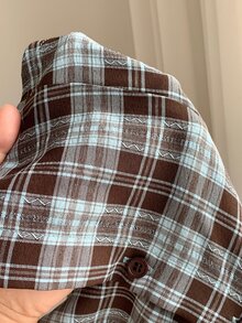 Comfortcana Spring Valentine Date Night Poetcore Brown Plaid Lace Up Back Blouse Romantic Slim Fitting Curved He - Blue - View 5