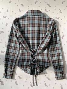 Comfortcana Spring Valentine Date Night Poetcore Brown Plaid Lace Up Back Blouse Romantic Slim Fitting Curved He - Blue - View 1