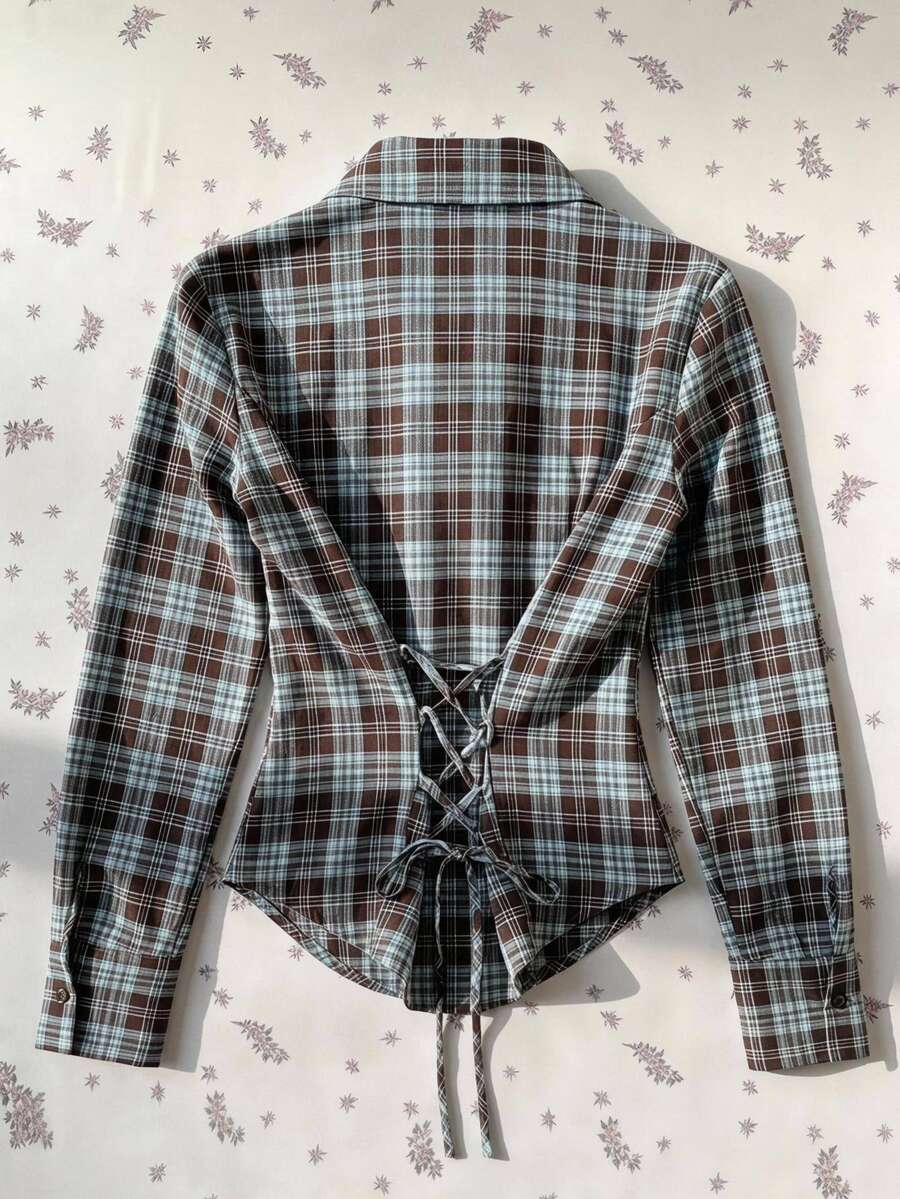 Comfortcana Spring Valentine Date Night Poetcore Brown Plaid Lace Up Back Blouse Romantic Slim Fitting Curved He - Blue - View 1