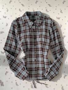 Comfortcana Spring Valentine Date Night Poetcore Brown Plaid Lace Up Back Blouse Romantic Slim Fitting Curved He - Blue - View 2