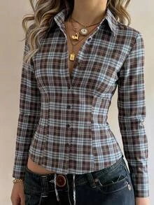Comfortcana Spring Valentine Date Night Poetcore Brown Plaid Lace Up Back Blouse Romantic Slim Fitting Curved He - Blue - View 3