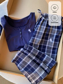 Comfortcana 女款騎士圖案上衣與格紋長褲休閒日常兩件套秋季女裝工作穿搭國慶款 - 藏蓝色 - 查看 3