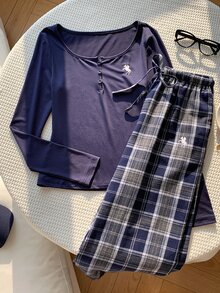 Comfortcana 女款騎士圖案上衣與格紋長褲休閒日常兩件套秋季女裝工作穿搭國慶款 - 藏蓝色 - 查看 5