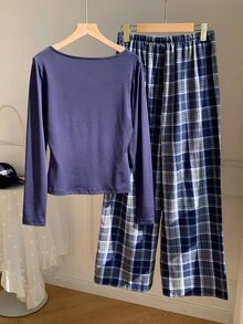 Comfortcana 女款騎士圖案上衣與格紋長褲休閒日常兩件套秋季女裝工作穿搭國慶款 - 藏蓝色 - 查看 2