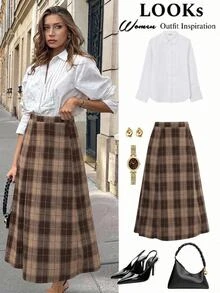 Comfylo Plus Size Casual Plaid Skirt For Autumn/Winter - Coffee Brown - View 2