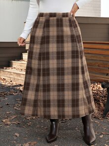 Comfylo Plus Size Casual Plaid Skirt For Autumn/Winter - Coffee Brown - View 1