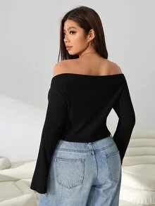 Solflare Plus Size Women Solid Color Off-Shoulder Fitted Versatile Casual Daily T-Shirt Fall - Black - View 4