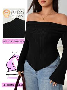 Solflare Plus Size Women Solid Color Off-Shoulder Fitted Versatile Casual Daily T-Shirt Fall - Black - View 2