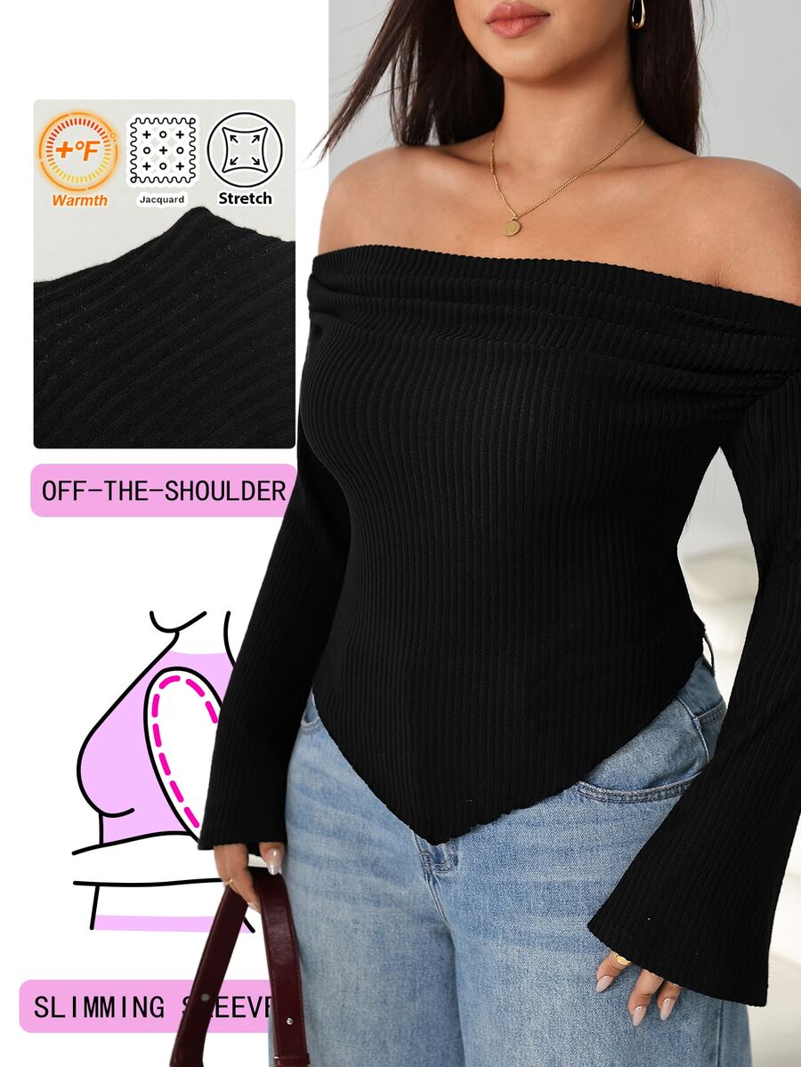 Solflare Plus Size Women Solid Color Off-Shoulder Fitted Versatile Casual Daily T-Shirt Fall