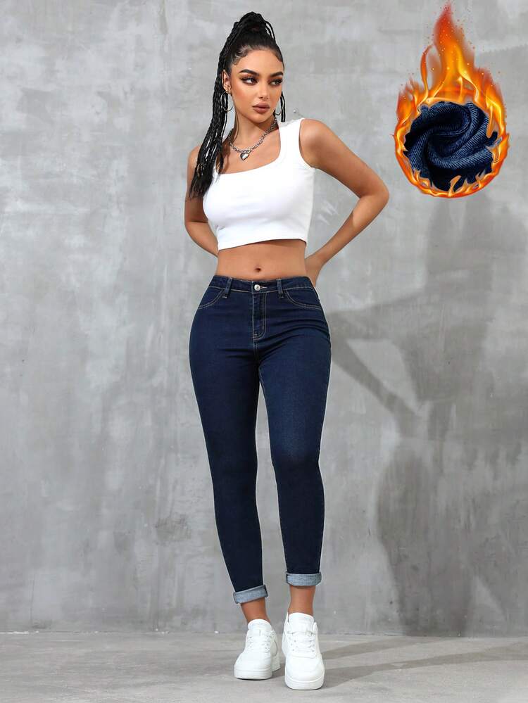 SHEIN Essnce Slant Pocket Skinny Thermal Jeans - Blue - View 5