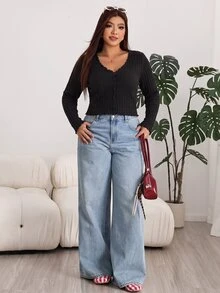 Solflare Plus Size Women's Solid Color Long Sleeve Single-Breasted Casual Top Fall - Black - View 8
