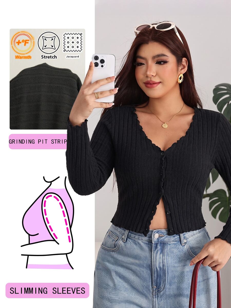 Solflare Plus Size Women's Solid Color Long Sleeve Single-Breasted Casual Top Fall
