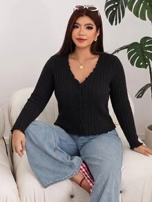 Solflare Plus Size Women's Solid Color Long Sleeve Single-Breasted Casual Top Fall - Black - View 5