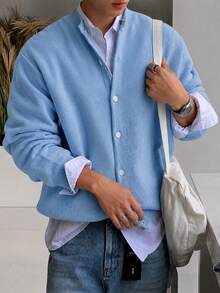 Claim Dot Men's Solid Color Long Sleeve Single-Breasted Casual Knit Cardigan Back-To-School Teachers' Day Graduation Office Light Blue Autumn - Teal Blue - View 7