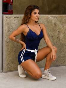 Hariany Almeida Women's Lace Patchwork Pleated Y2k Cami Tank Top - Navy Blue - View 1