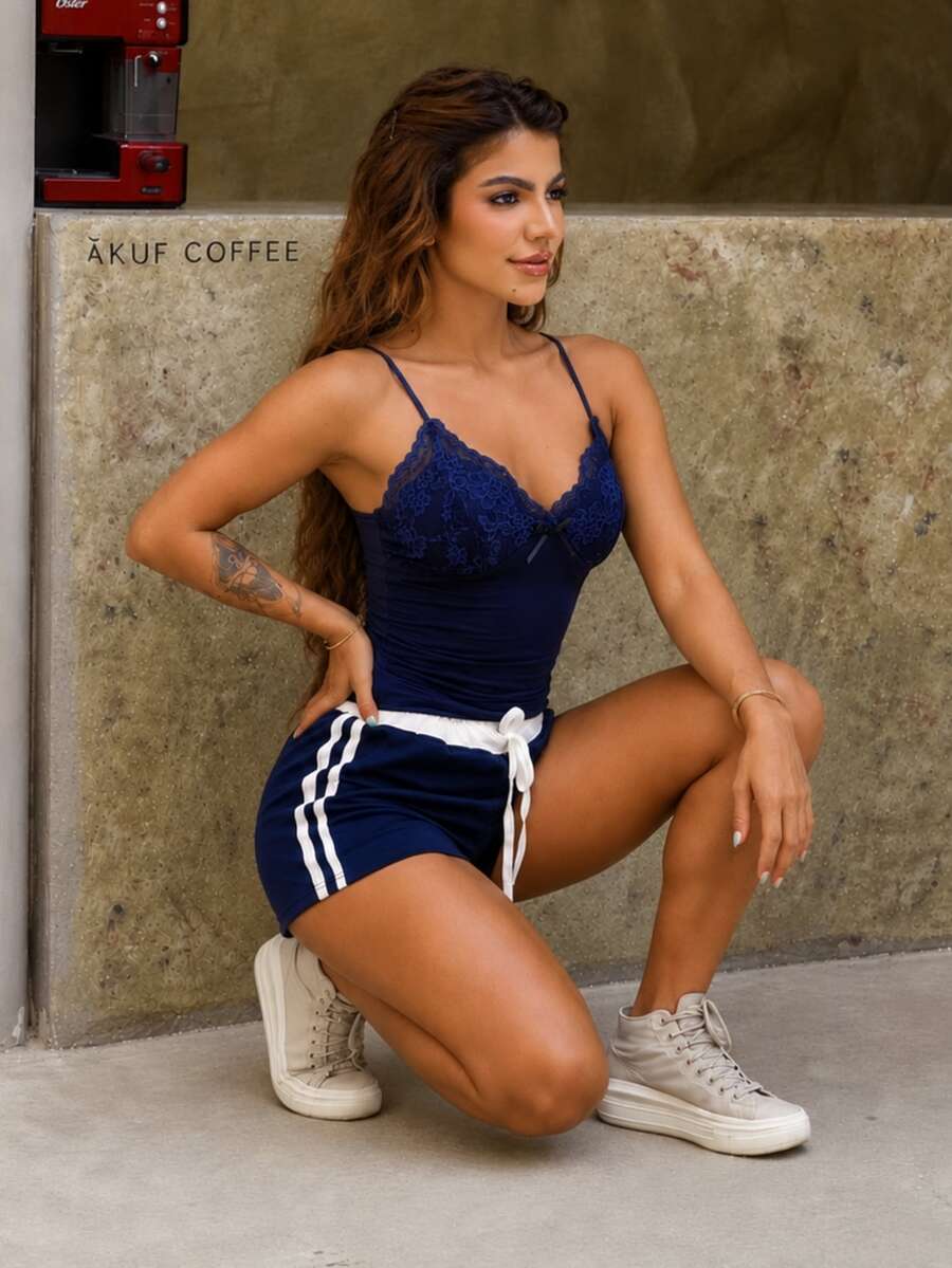 Hariany Almeida Women's Lace Patchwork Pleated Y2k Cami Tank Top - Navy Blue - View 1