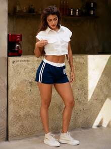 Hariany Almeida Flap Detail Drawstring Side Crop White Shirt - White - View 4