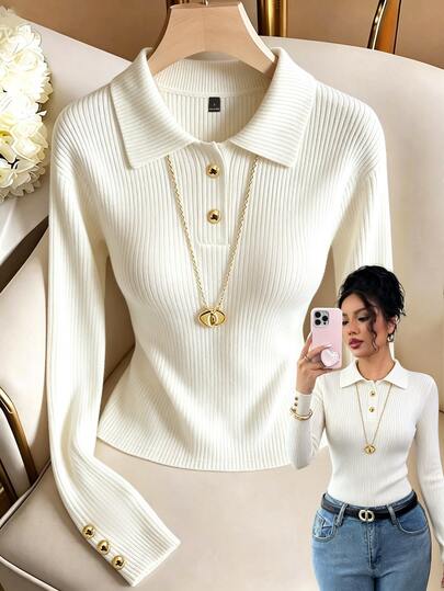 SHEIN Franclia Blusa casual elegante para mujer de punto acanalado blanco para otoño, con cuello polo, manga larga, botones dorados y bajo curvo, ideal para capas